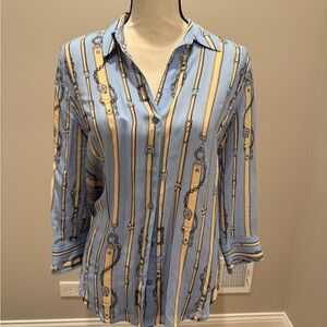 L'AGENCE Sky Blue and Beige Striped Blouse